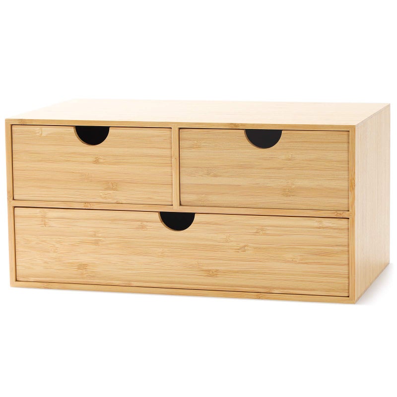 Wisuce Bamboo Desk Organizer - Mini Desktop Drawer Tabletop Storage Organization Box for Office Home Toiletries Supplies, No Assembly Required (3 Drawer) - Image 1